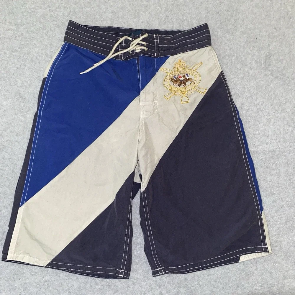 Polo Ralph Lauren Kids‎ S 8/10 Swim Trunks Colorblock Crest Logo Rare Vintage